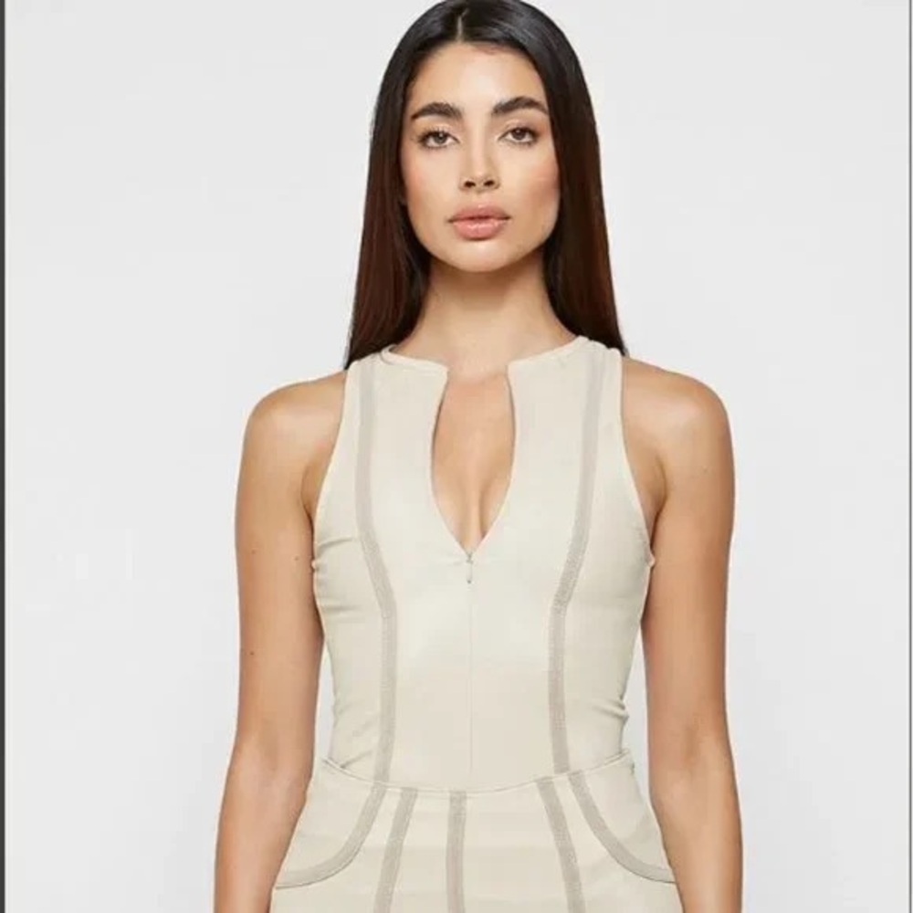 Maniere De Voir - Racer Neck High Shine Bodysuit (Beige, Size 10)
